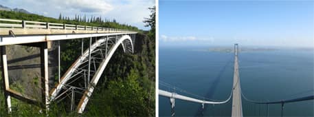 Bridges in Hurricane Gulch, Alaska and Great Belt Bridge, Denmark